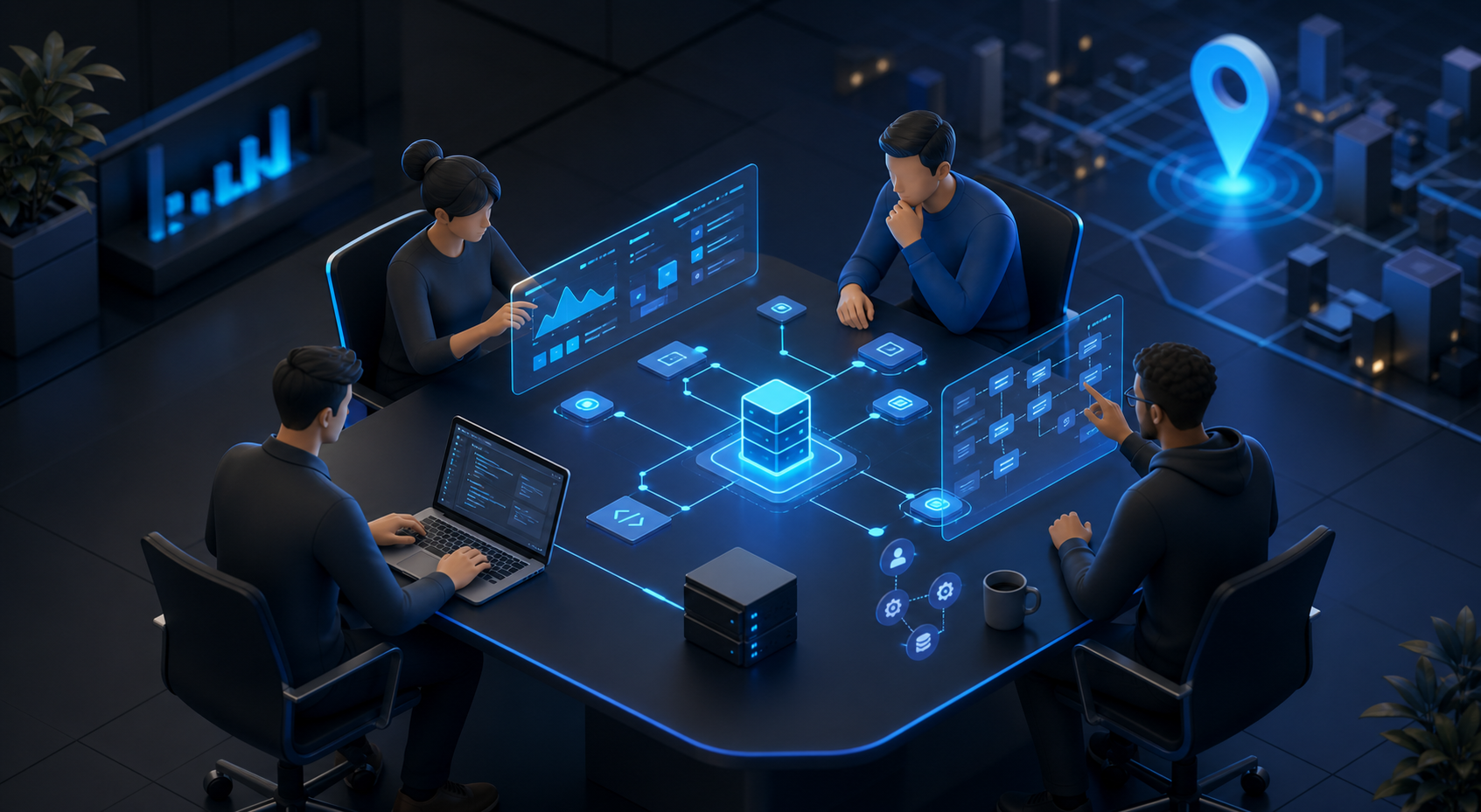 Equipo técnico colaborando en el diseño de una solución informática