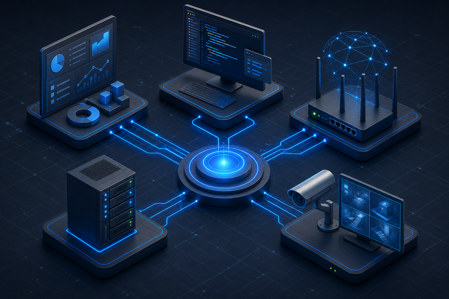 Módulos de servicios informáticos conectados para desarrollo, redes, servidores y CCTV